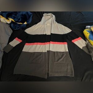 Junior’s Ultra Flirt color block striped open front cardigan with hood in 3X